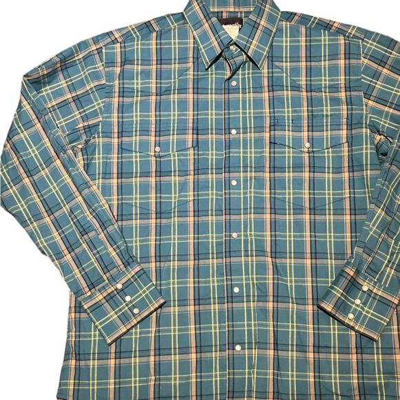 Wrangler Mens Large Long Sleeve Turquoise Plaid Pearl Snap Shirt - Picture 1 of 5